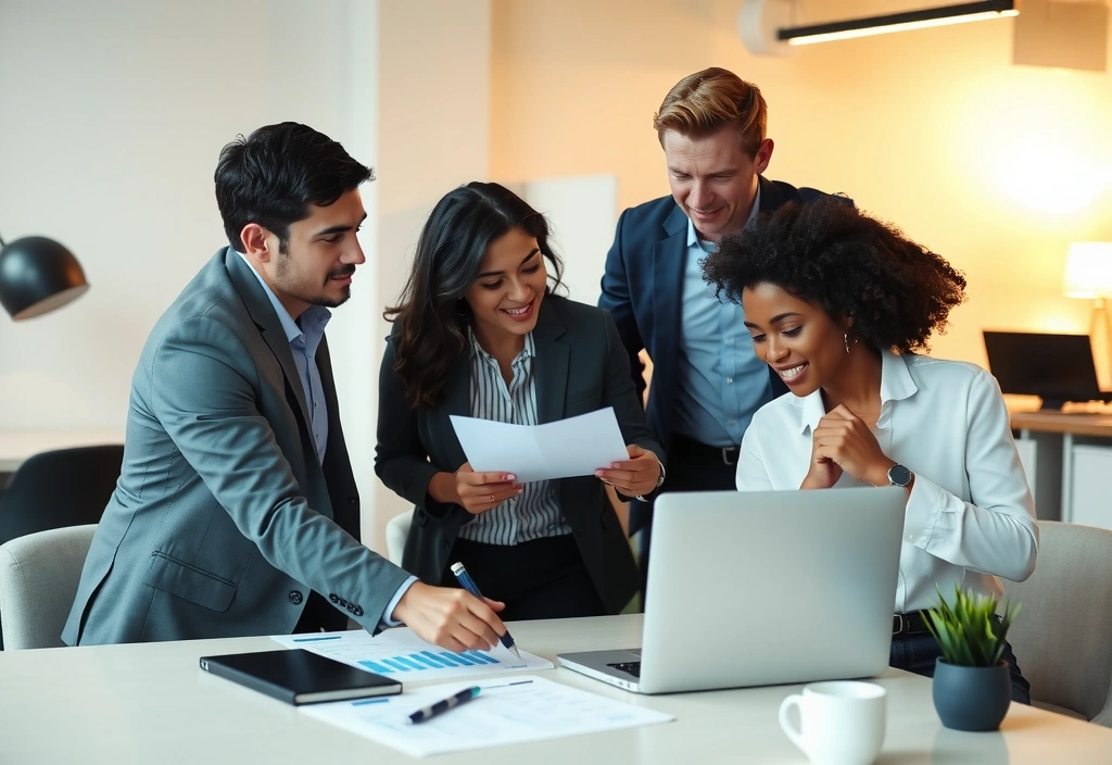 Ilustrace týmové konzultace s grafy a notebookem