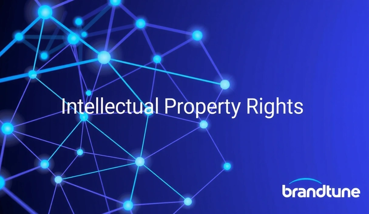 Abstraktní vizualizace duševního vlastnictví s digitálními prvky a logem brandtune