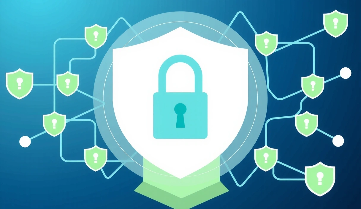 Ilustrace zabezpečení dat a soukromí na internetu s ikonou zámku a digitálními štíty