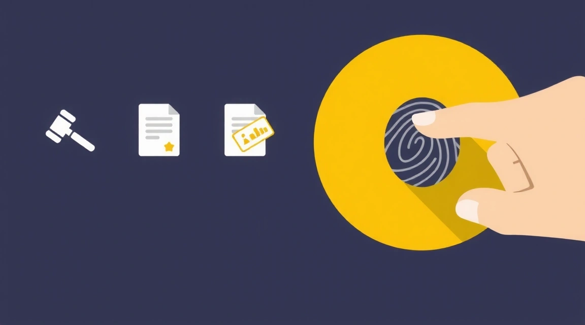 Ilustrace digitální identity s ikonami právních dokumentů a otisku prstu, symbolizující kontrolu nad osobními údaji.