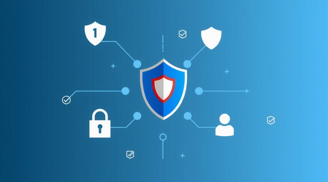 Ilustrace zabezpečeného digitálního soukromí, s ikonami zámku a štítu obklopujícími abstraktní data.